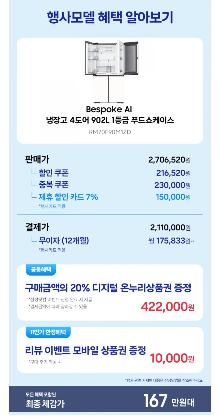 삼성 비스포크 AI 냉장고 4도어 1등급 푸드쇼케이스 RM70F90M1ZD 에센셜화이트 (2,110,000원/무료)