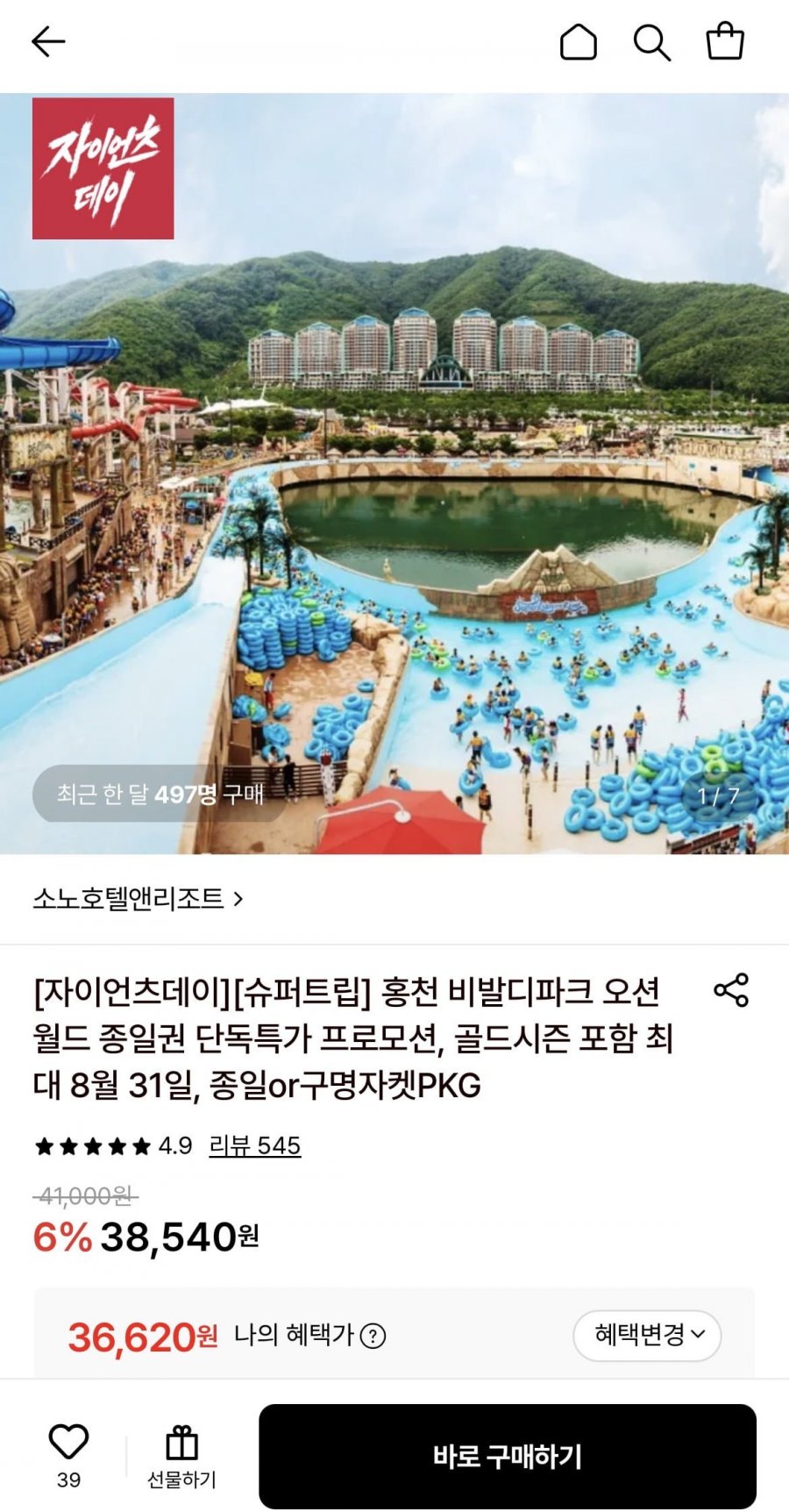홍천 비발디파크 오션월드 대인 종일권 (36,620원/무료)