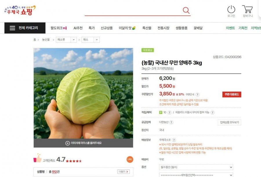 (농할) 국내산 무안 양배추 3kg(3,850/무료)