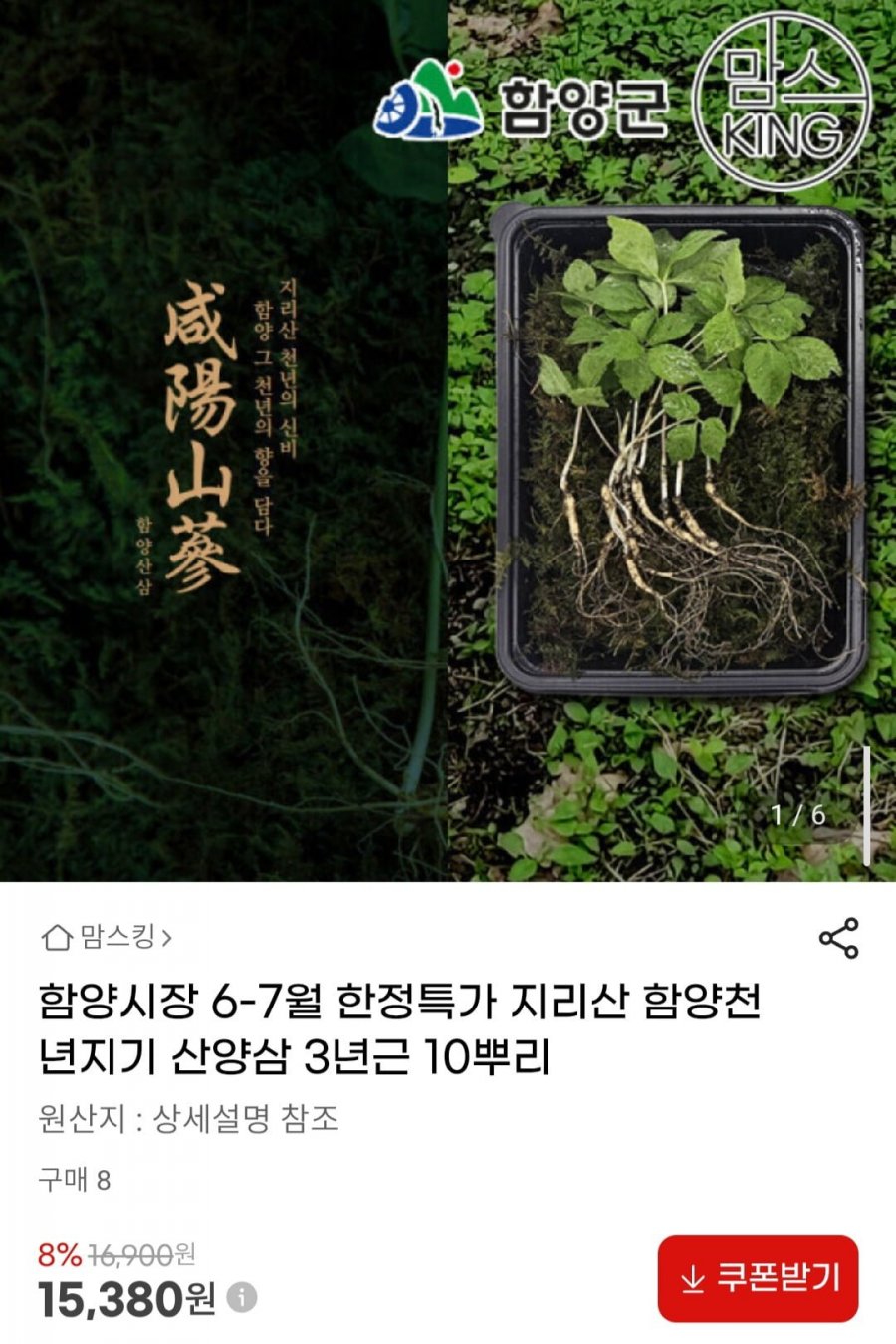 함양시장 지리산 함양천년지기 산양삼 3년근 10뿌리 (15,380원/무배)