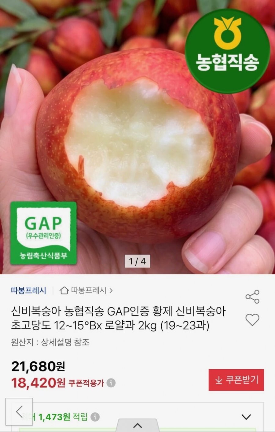 농협직송 초고당도 신비복숭아 2kg (18,420원/무료)