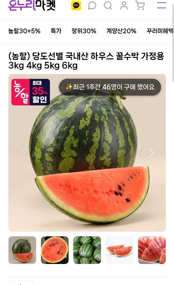 국내산 꿀수박 가정용 6kg이상 (12,935원/무료)