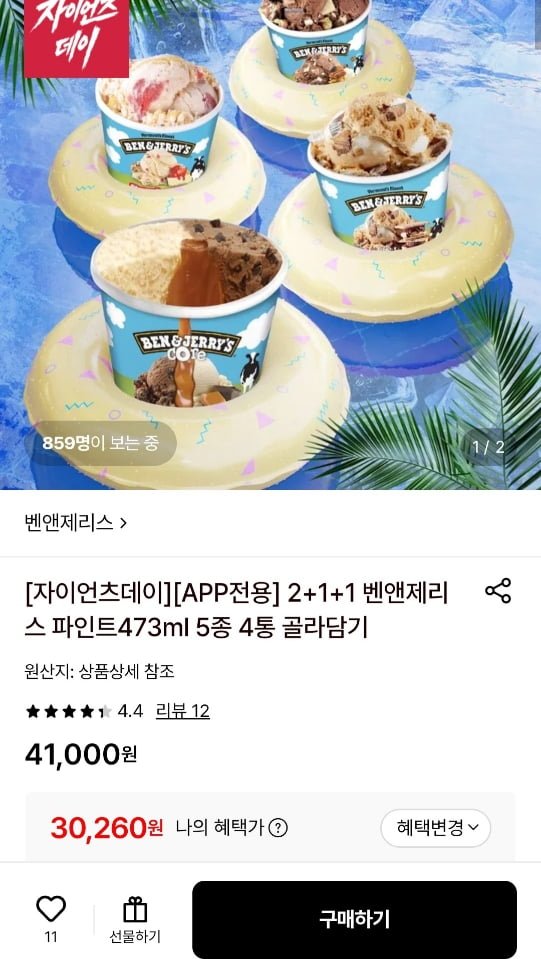 2+1+1 벤앤제리스 파인트473ml 5종 4통 골라담기 (30,260원/무료)