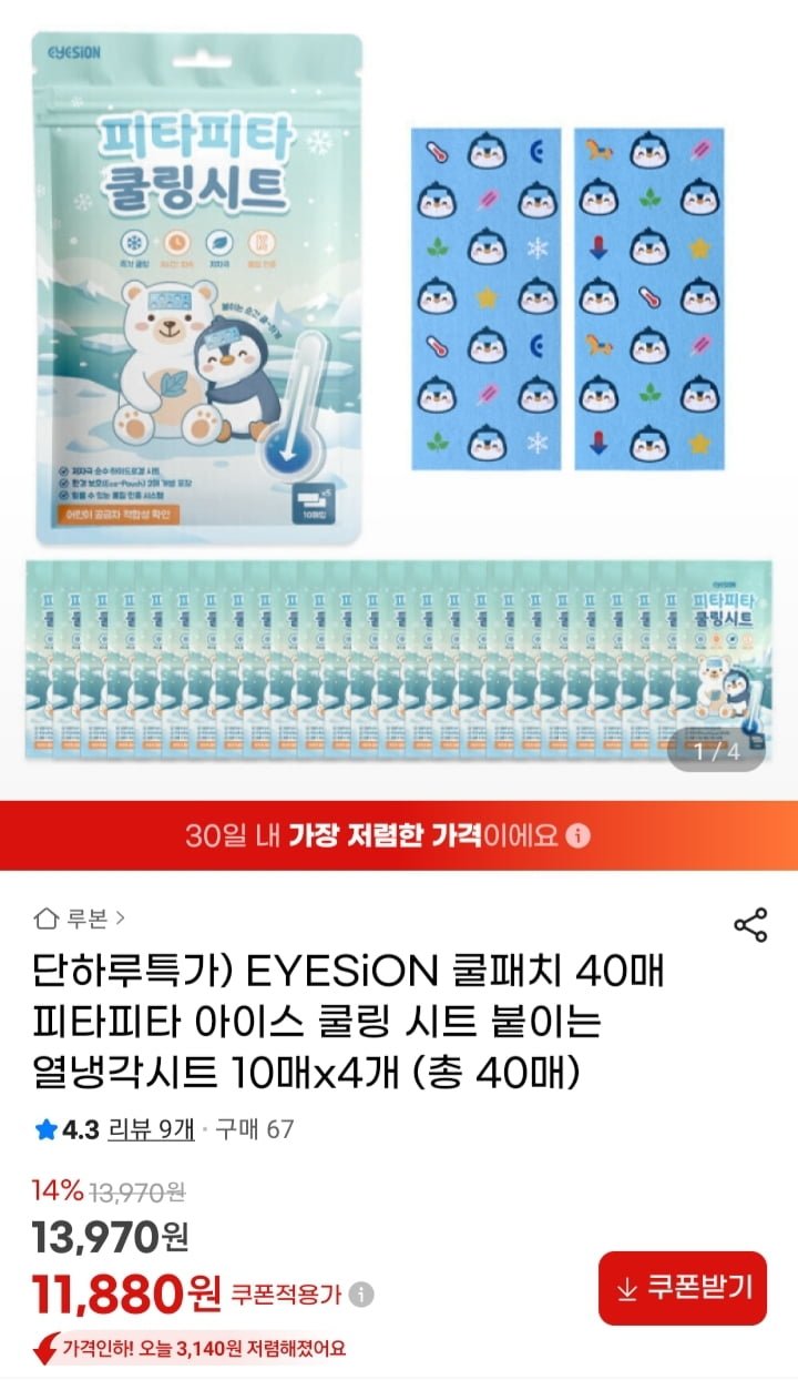 붙이는 아이스 쿨링 열냉각시트 10매 4개 (11,880원/무배)
