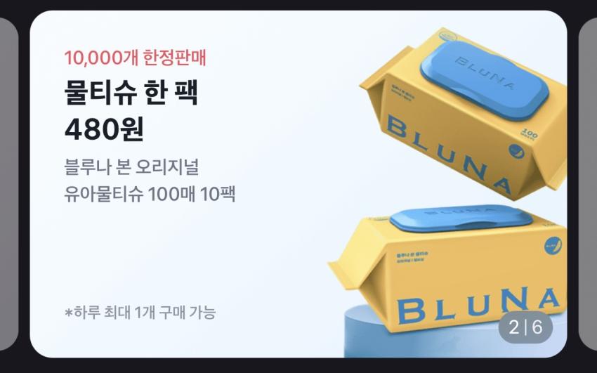 토스, 1만개 한정) 블루나 본 오리지널 물티슈 100매, 10팩 4800원