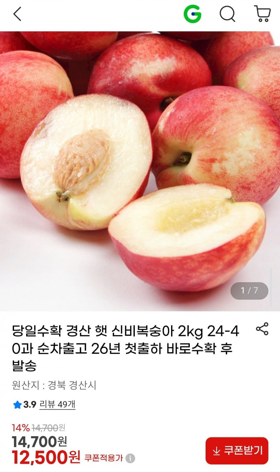 당일수확 경산 햇 신비복숭아 2kg 24-40과 26년 첫출하 (12,500원/무료)