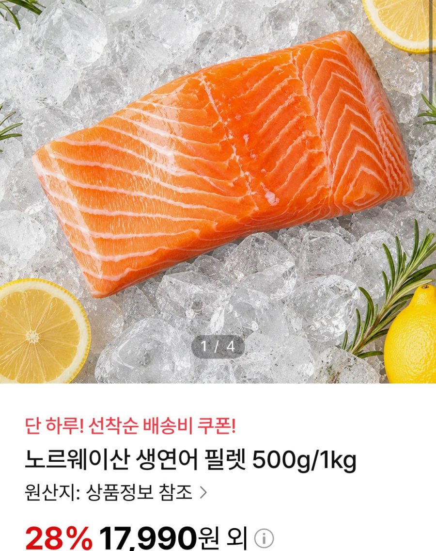 노르웨이산 생연어 필렛 500g (17,990원/무료)