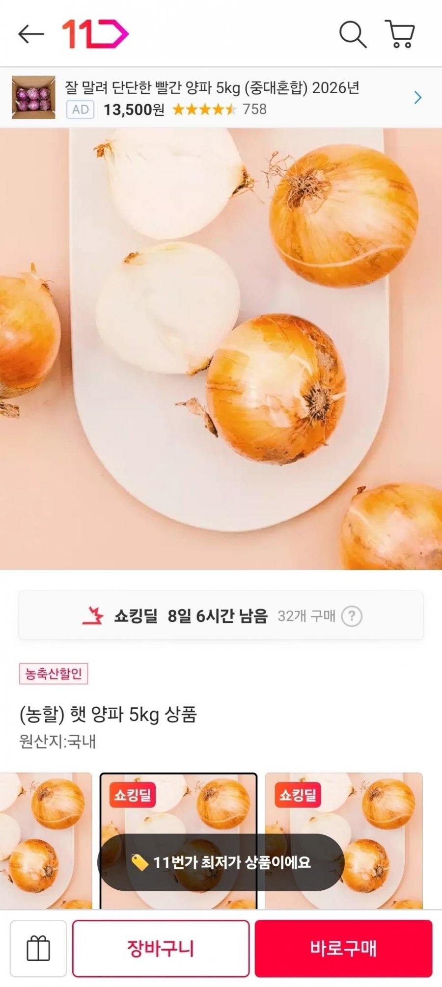 햇 양파 5kg 특상 (7,610원/무료)