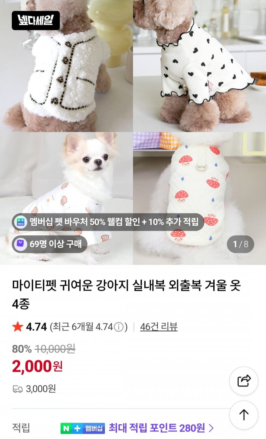 강아지 실내복 외출복 전시즌 옷 균일가 (2,000원/3,000원)