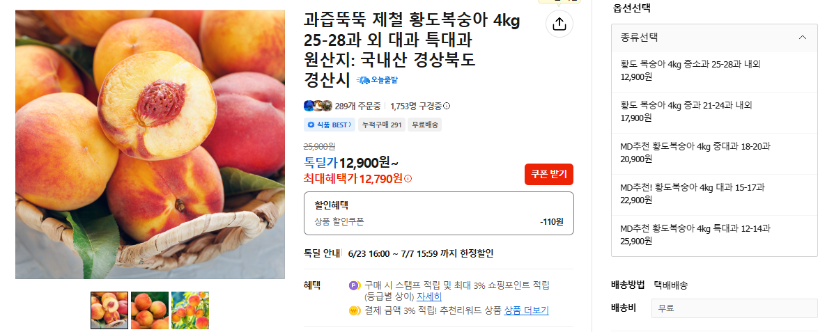 제철 황도복숭아 4kg 25-28과 외 (12,790원 / 무료배송)