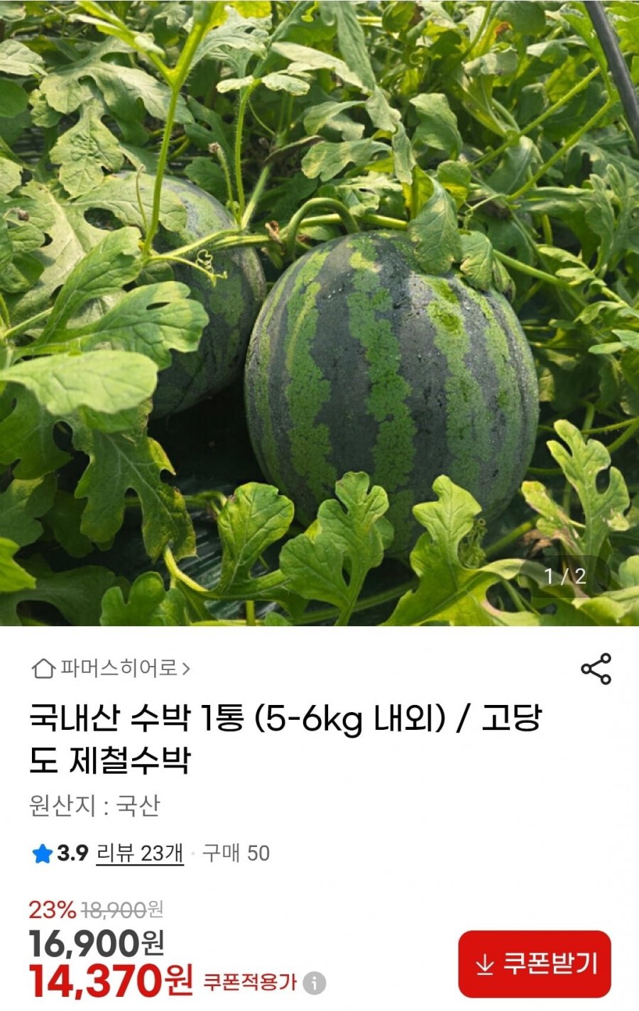 국내산 수박 1통 5-6kg 내외 (14,370원/무배)