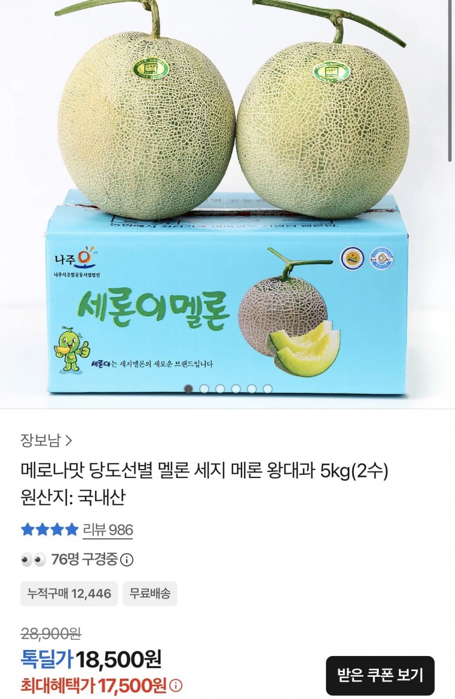 세지멜론 왕대과사이즈 5kg 2수 (17,500원/무료)