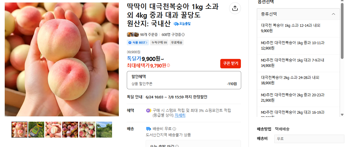 대극천복숭아 1kg (9,790원 / 무료배송)