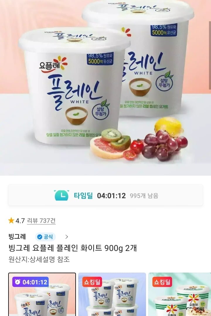 빙그레 요플레 플레인 화이트 900g 2개 (9,990원/무배)