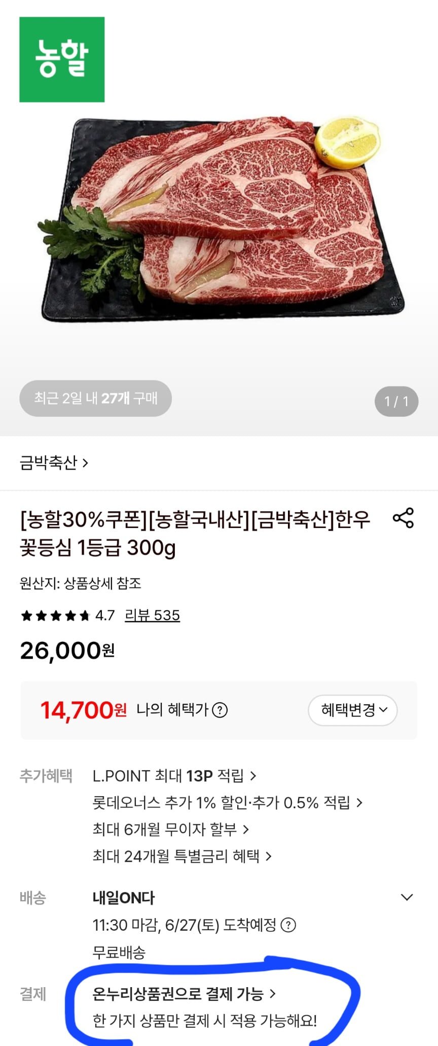 금박축산 한우 꽃등심 1등급 300g (14,700원/무료)