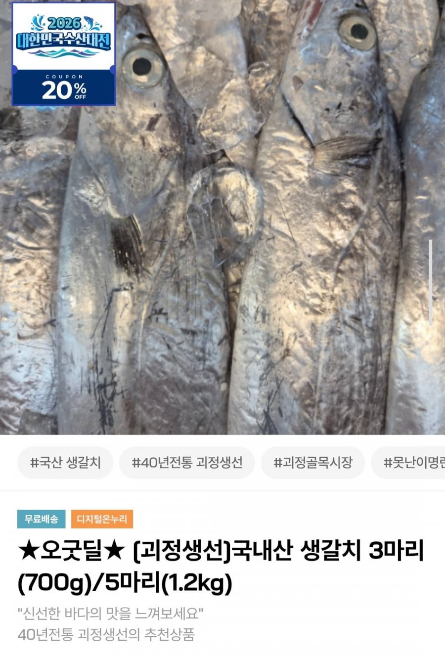 국내산 생갈치 3마리 700g 내외 (28,400원/무료)