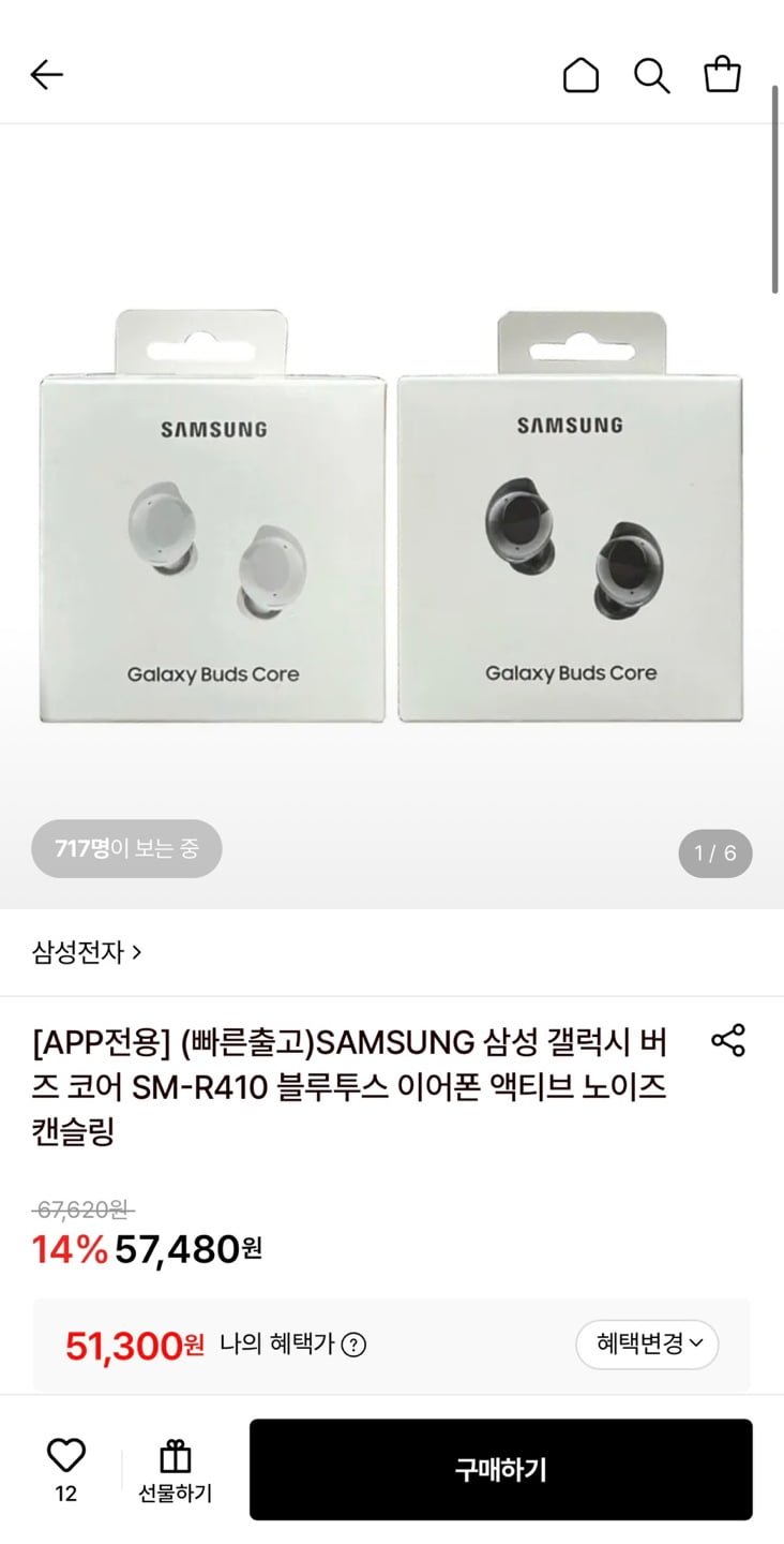 삼성 갤럭시 버즈 코어 SM-R410 블루투스 이어폰 (51,300원/무료)