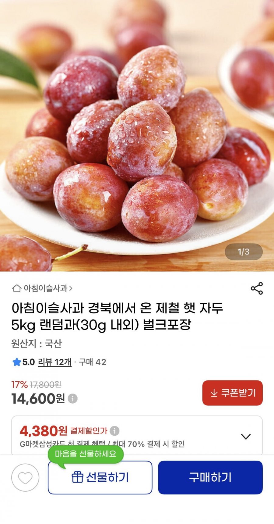 경북 햇 자두 랜덤과 5kg 내외 (14600원/무료)