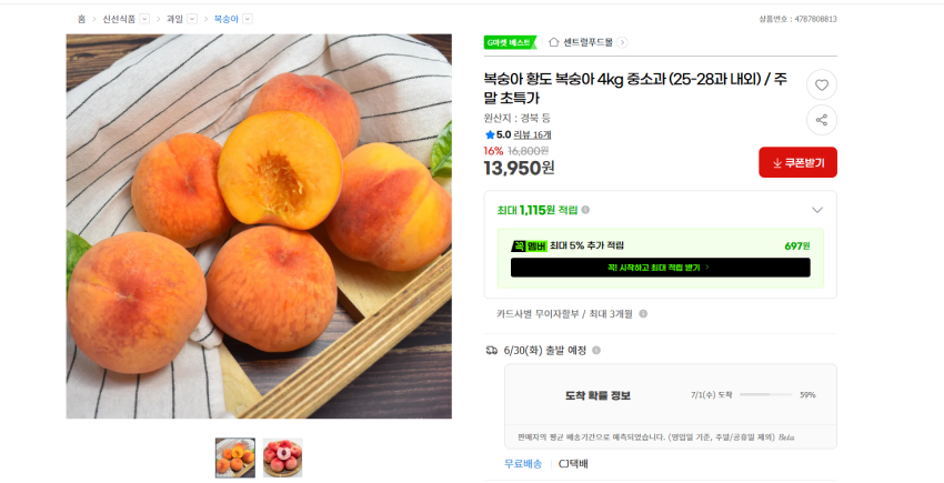 황도 복숭아 4kg 중소과 13950원 무배