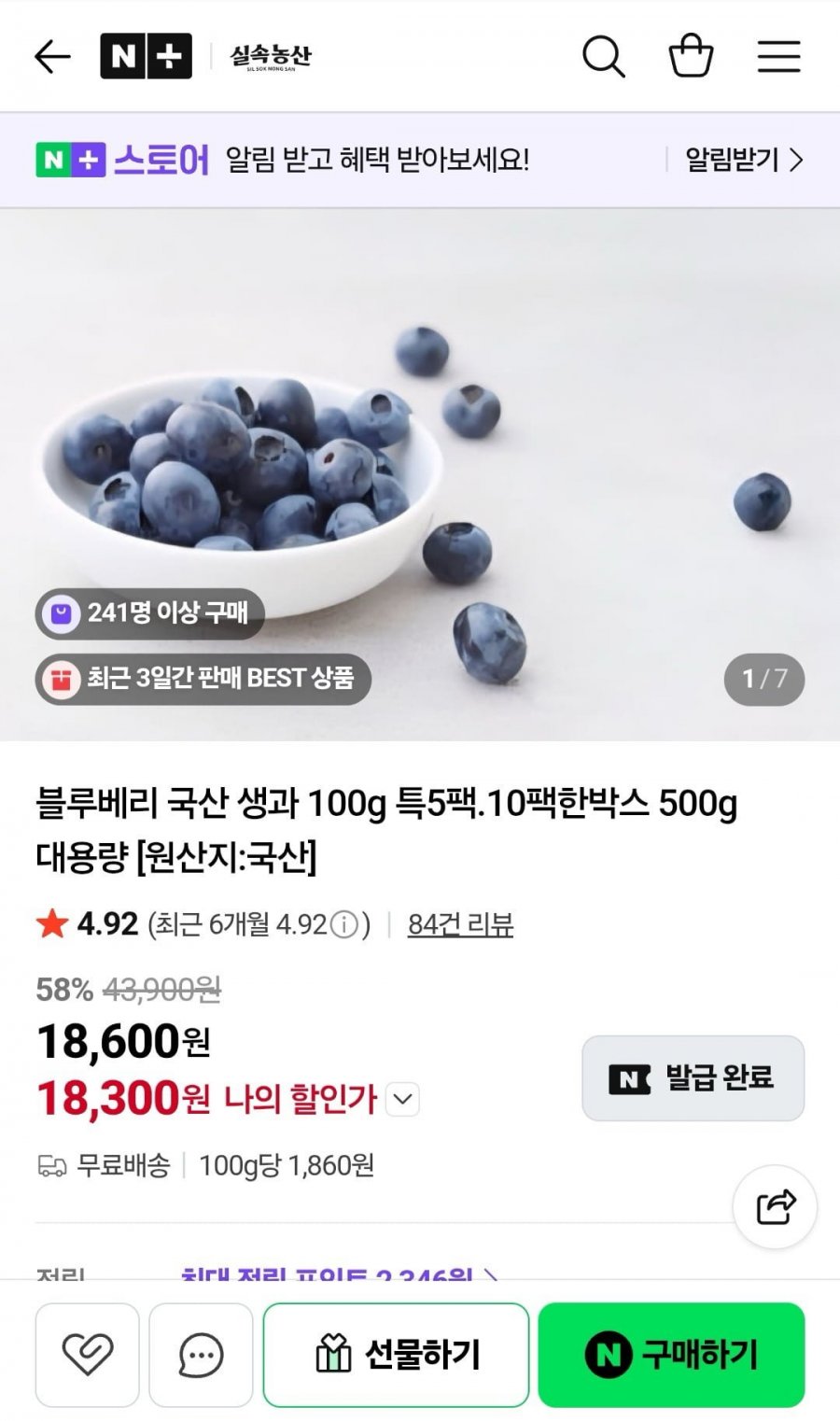 블루베리 특 500g 1팩 (17,300원/무료)