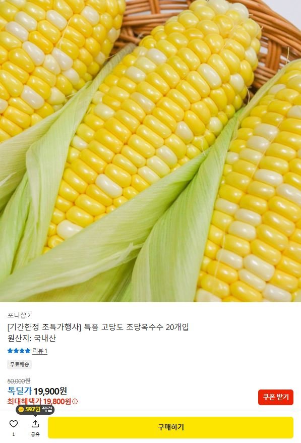고당도 초당 옥수수 특품 20개입 (19,800원/무료)