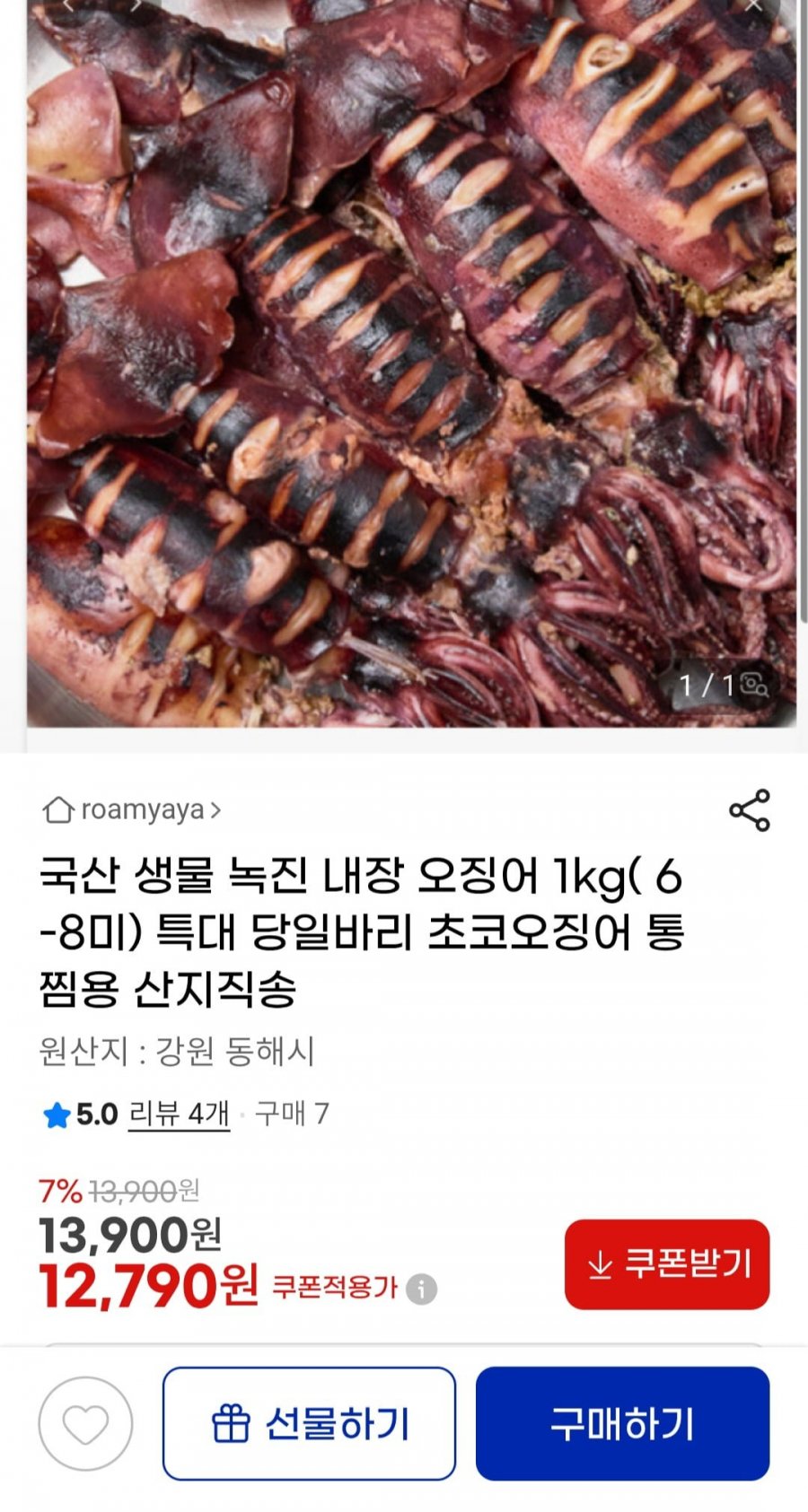 국산 생물 녹진 내장 오징어 1kg( 6-8미)  당일바리 초코오징어 통찜용 (12,790/4000원)