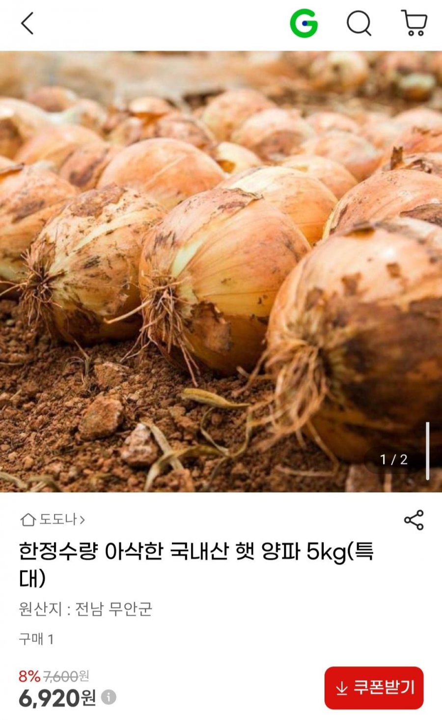 국내산 햇 양파 5kg(특대) (6,920원/무료)