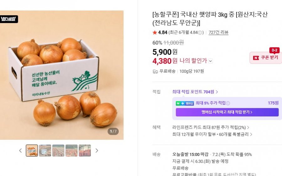 국내산 햇양파 3kg 중 (4,380/무배)