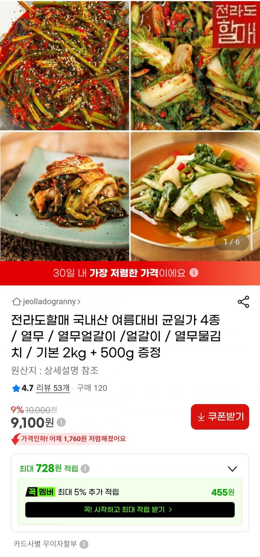 국내산 여름대비 열무 시리즈 균일가 4종  / 기본 2kg + 500g 증정 (9,100원/무배)