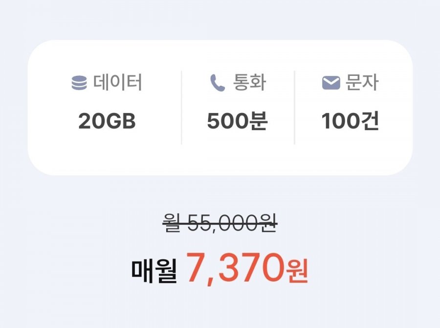SKT망, 통화 500분, 데이터 20GB(7,370원/평생)