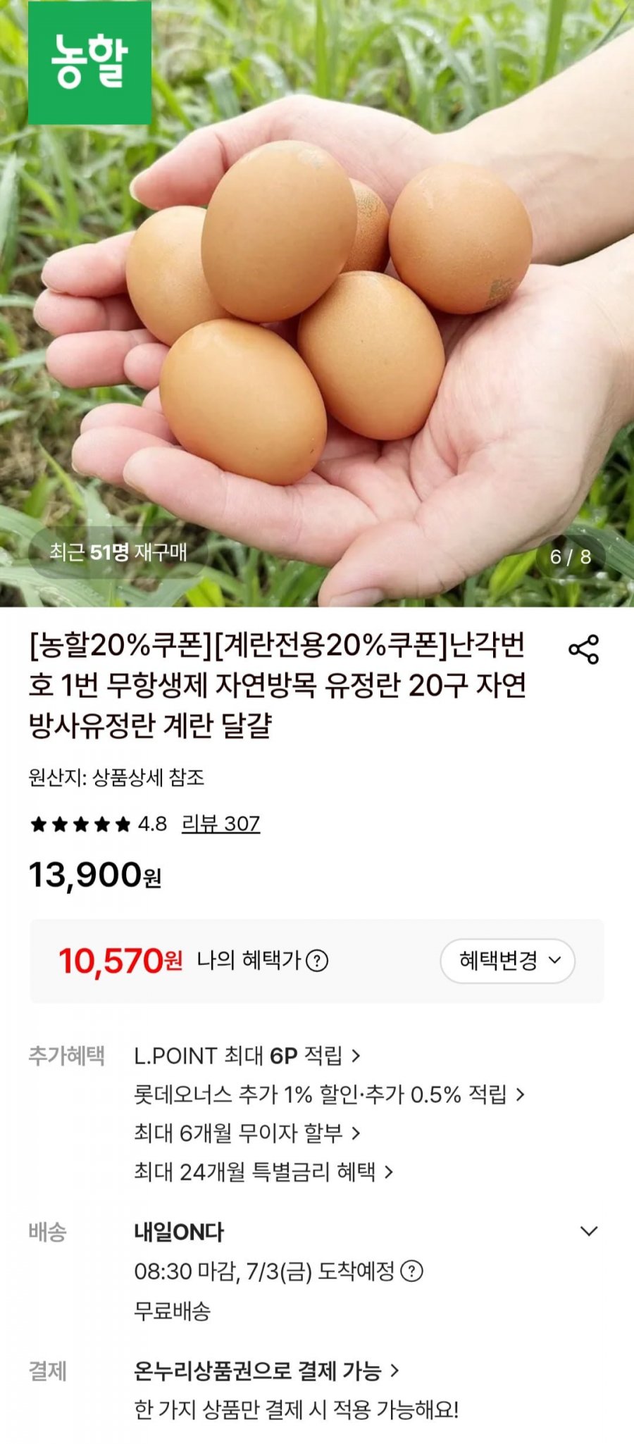 난각1번 무항생제 유정란 20구 (10,570원/무료)