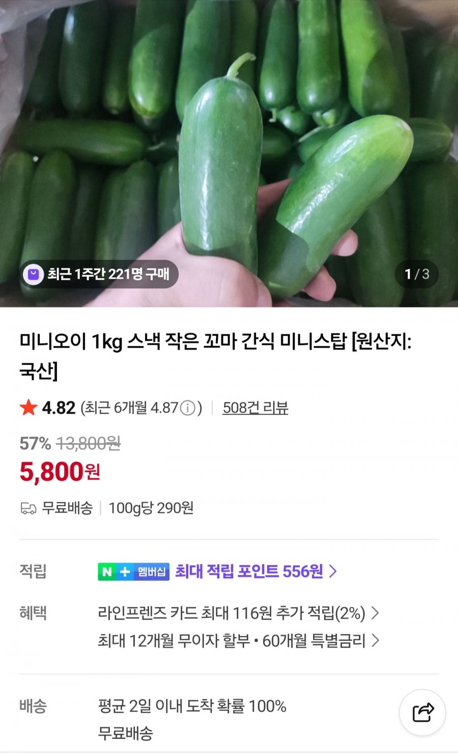 미니오이 2kg (9,600원/무료)