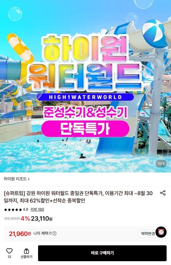 강원 하이원 리조트 워터월드 종일권 (21,960원/무료)