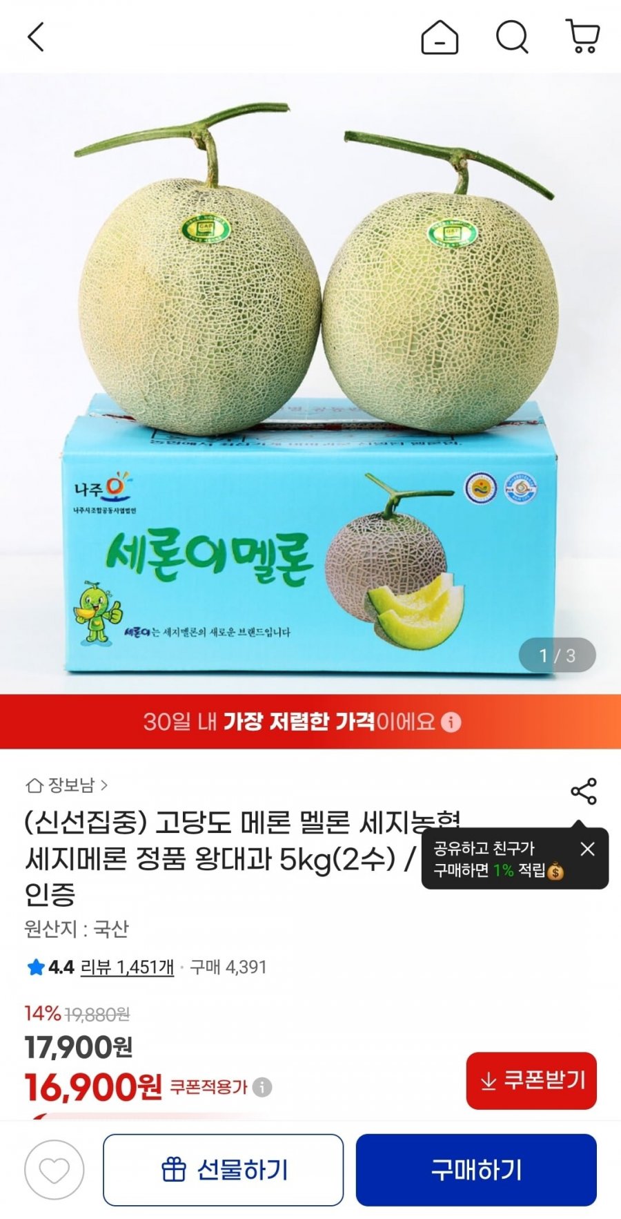 세지농협 세지메론 5kg 2수 (15브릭스이상) (16,900원/무료)