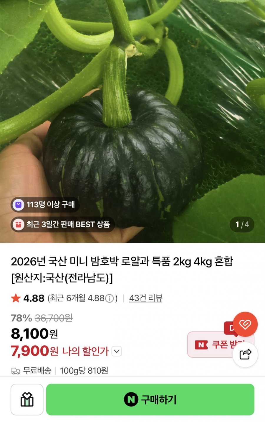 미니 밤호박 로얄과 2kg (7,900원/무료)