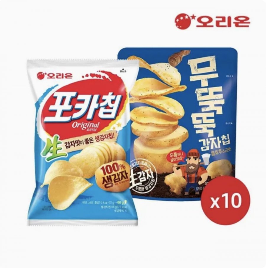 오리온 포카칩 오리지널(66g) 10개 + 무뚝뚝감자칩 통후추소금(60g) 10개 (토스 20,740원/무료)