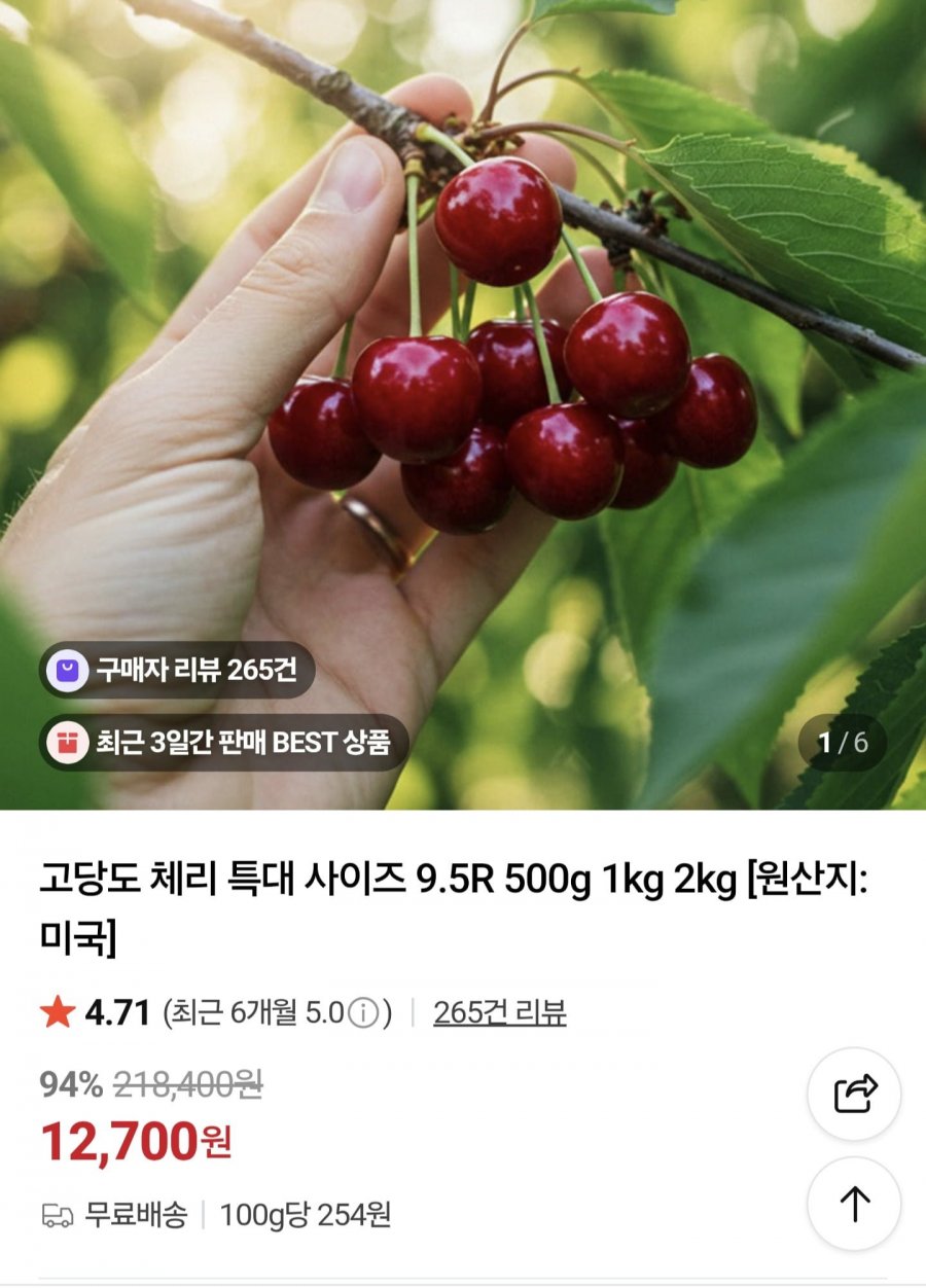 미국산 체리 500g 특대사이즈 9.5R (12,700원/무료)