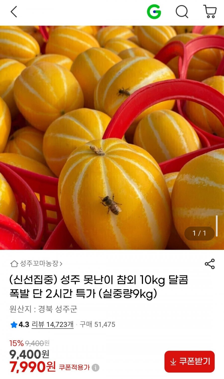 성주 못난이 참외 실중량 9kg (7,990원/무료)