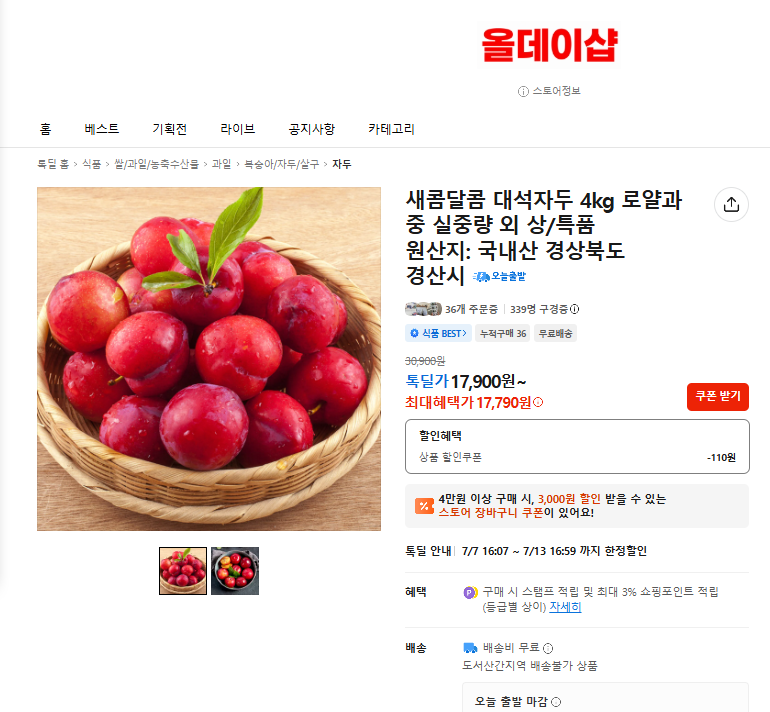 새콤달콤 대석자두 4kg 17,790원