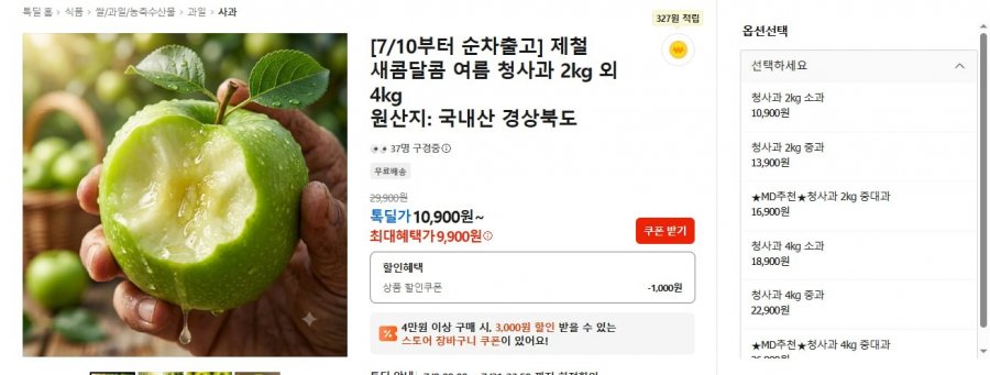국내산 여름 청사과 2kg 외 모음 (9,900원 / 무료배송)