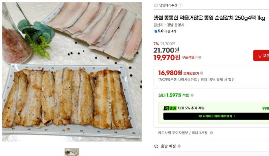 통통한 먹을거많은 통영 순살갈치 250g4팩 1kg(19,970/무배)