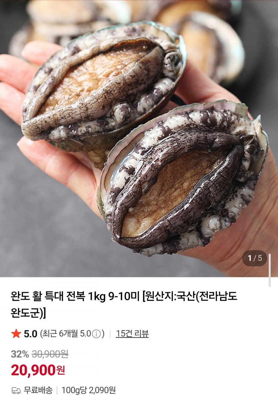 완도 활 특대 전복 1kg 9-10미 (20,900원/무료)