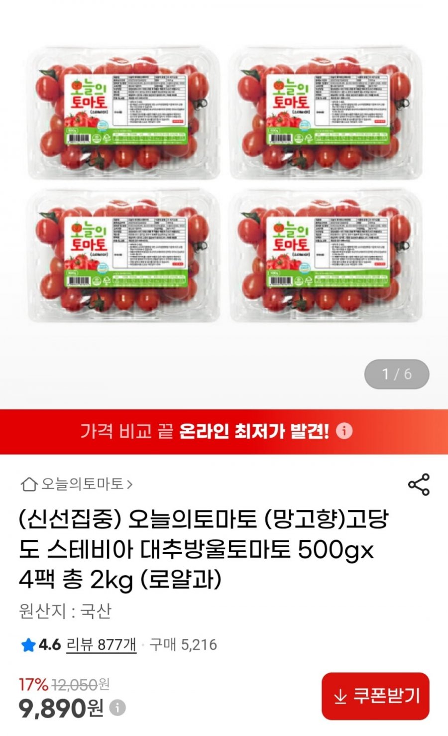 스테비아 대추방울토마토 500g 4팩 (9,890원 / 무료)