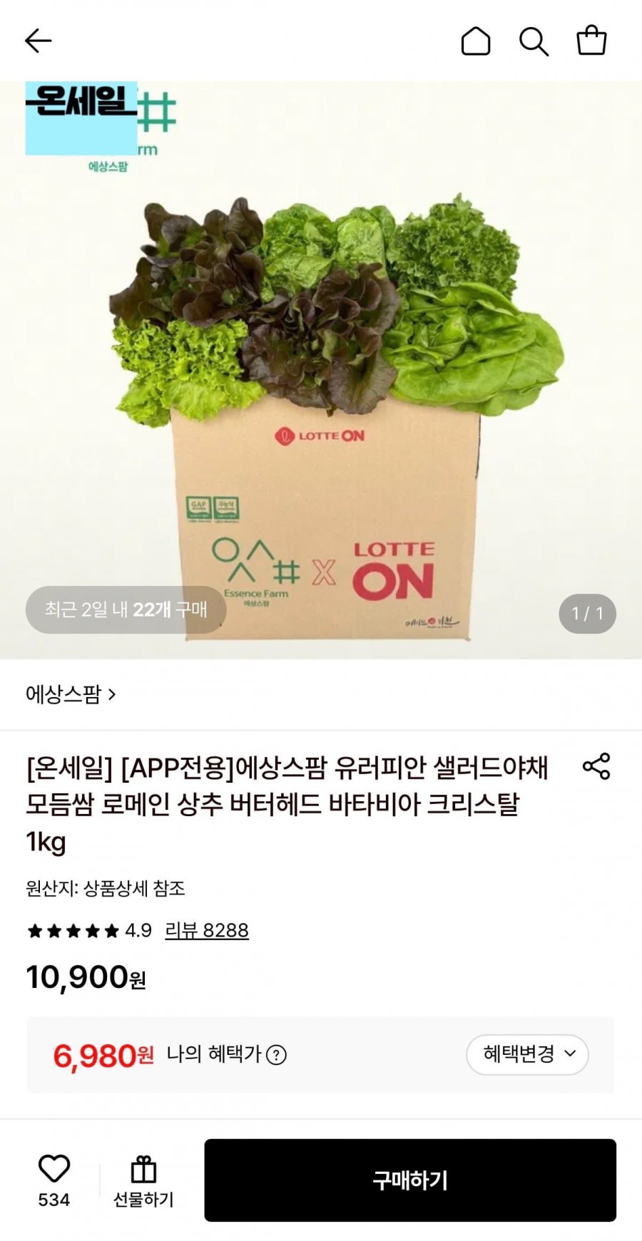 유러피안 샐러드야채 1kg (6,980원/무료)