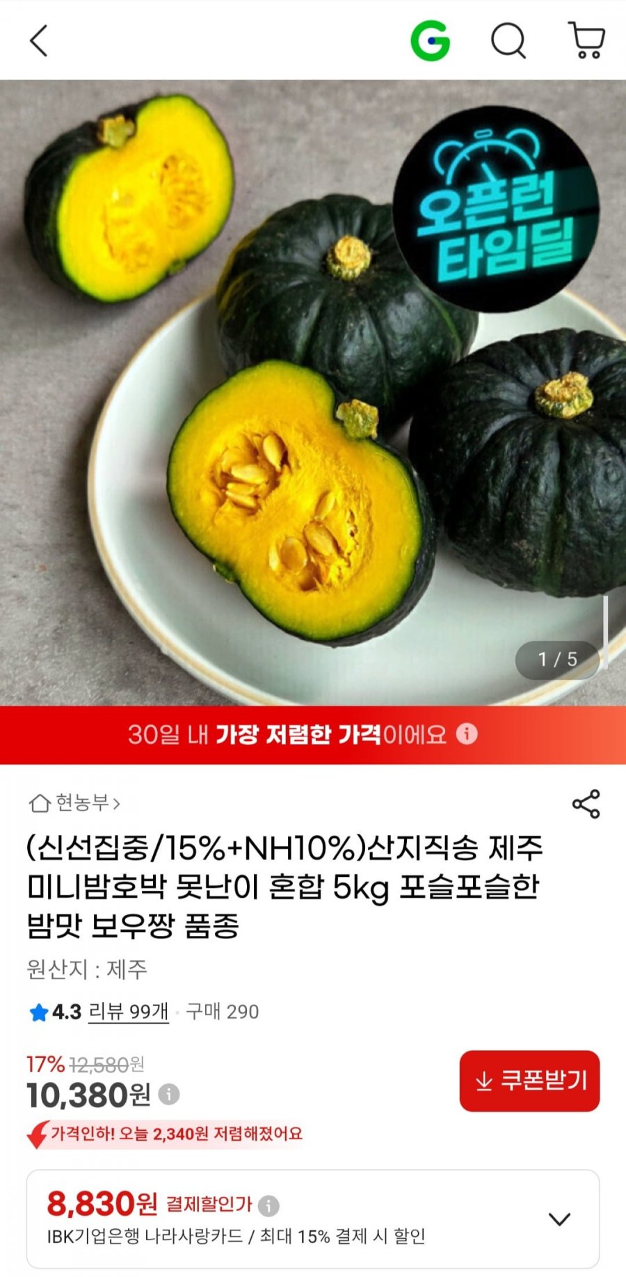 산지직송 제주 미니밤호박 못난이 혼합 5kg (10,380원/무료)