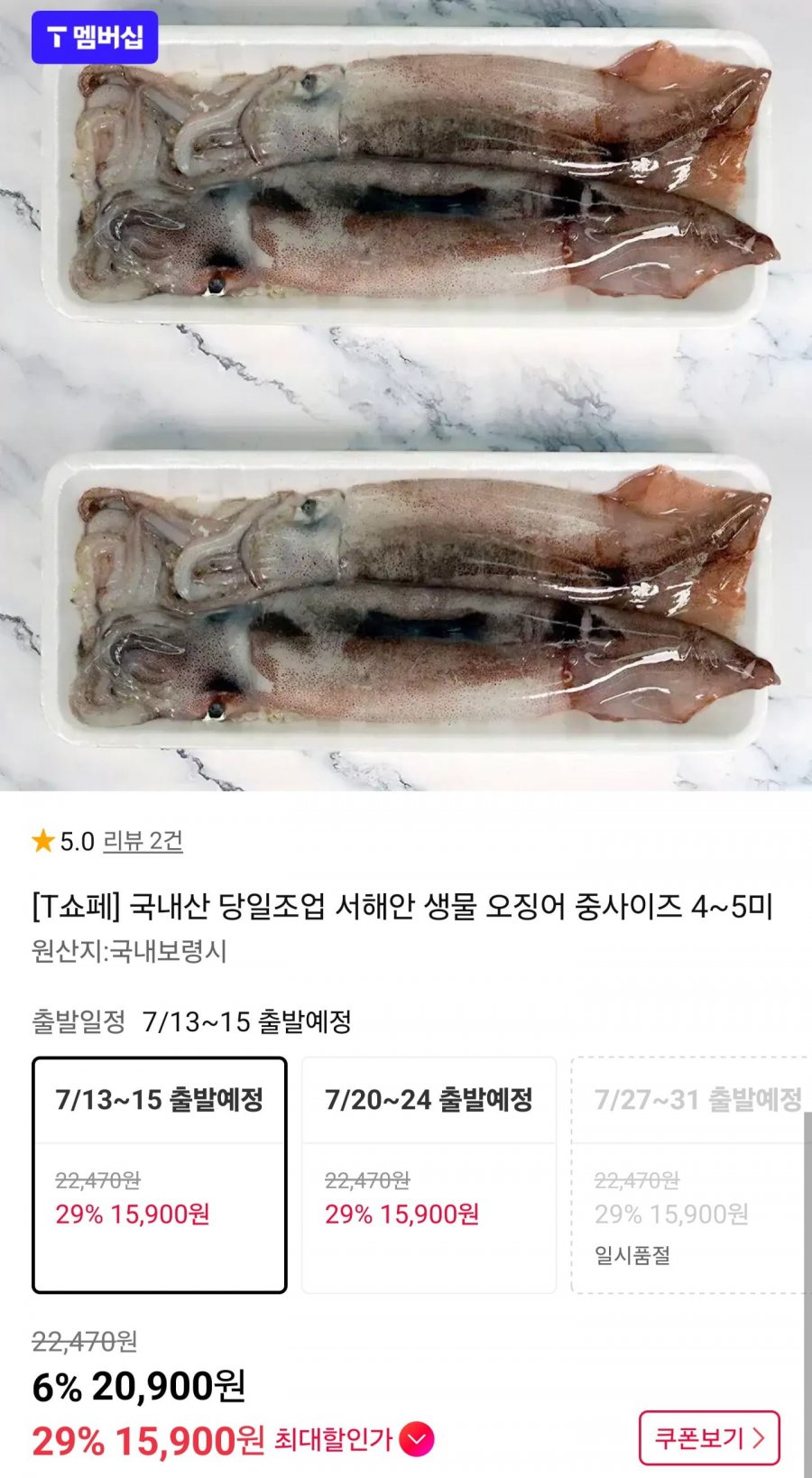 국내산 생물 오징어 중사이즈 4~5미 (T멤버십15,900원/무배)