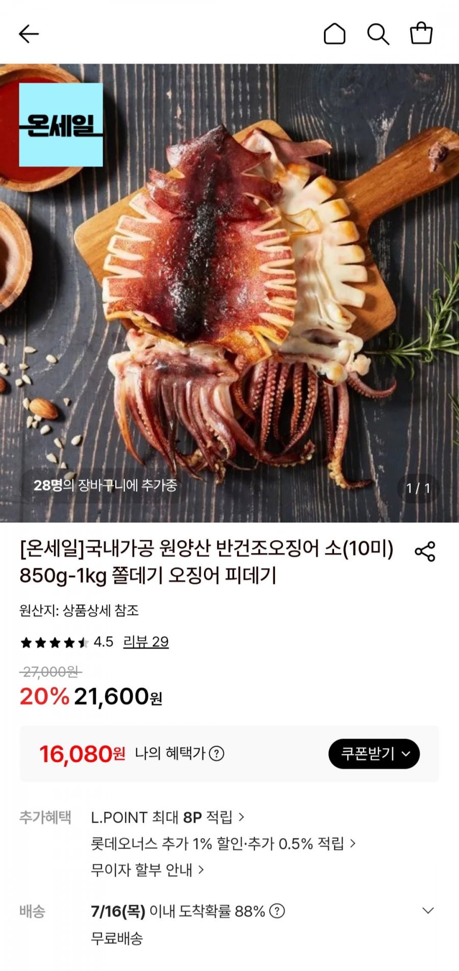 반건조오징어 소(10미) 850g-1kg (16,080원/무료)
