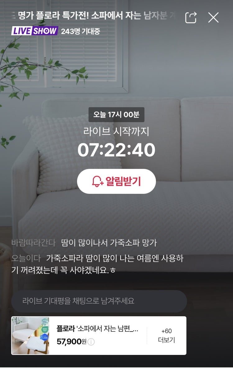 플로라 듀라론 냉감 소파패드+냉감방석 2장 (57,900원/무료배송)