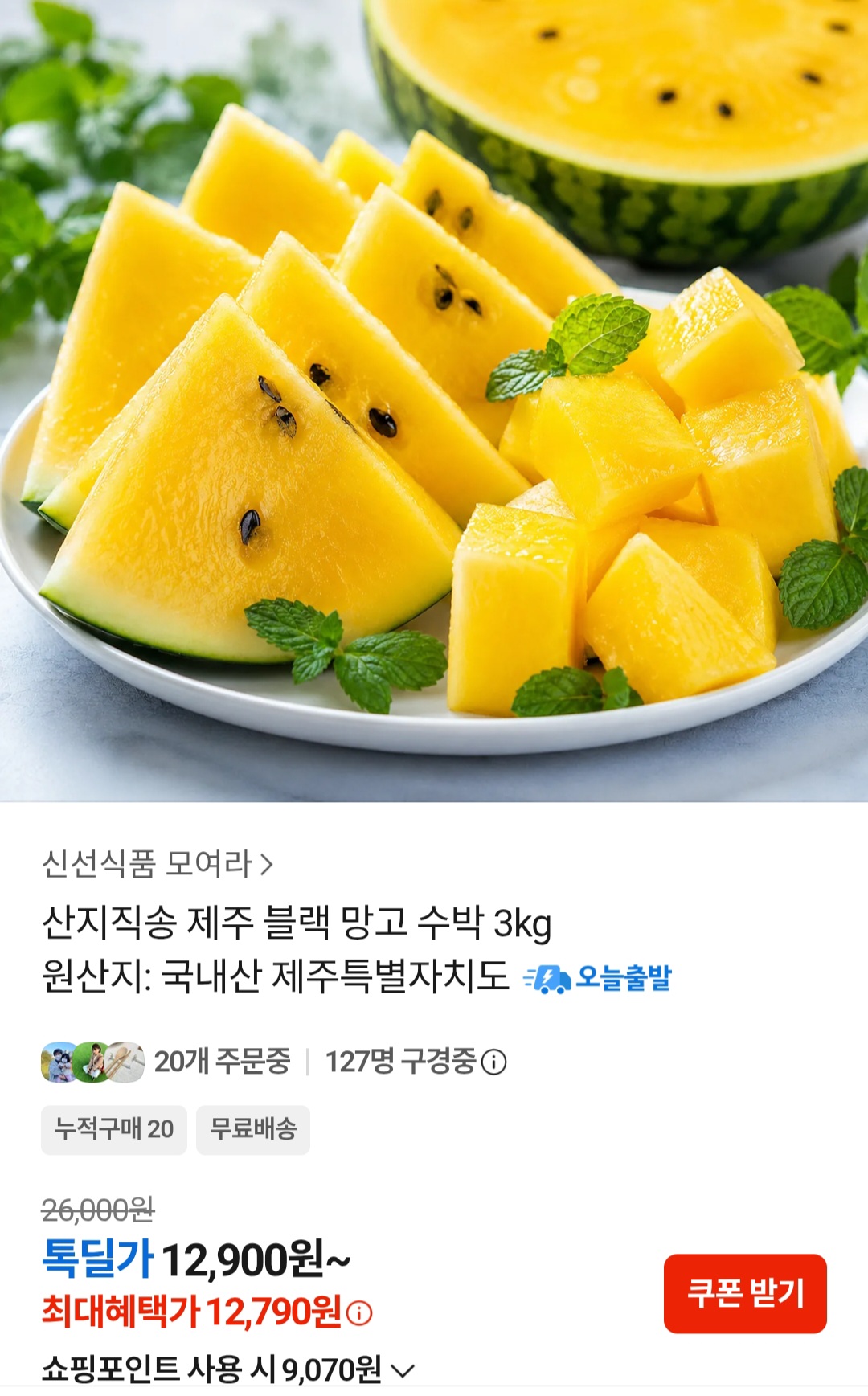제주 블랙 망고 수박 3kg (12,790원 / 무배)