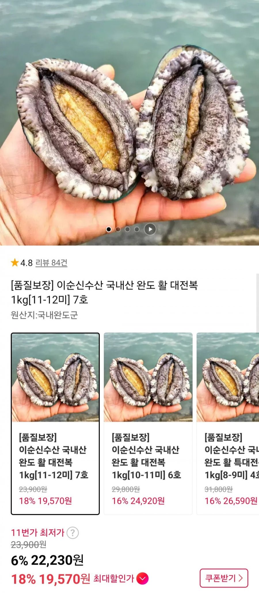국내산 완도 활 대전복 1kg 11-12미 (19,570원/무배)